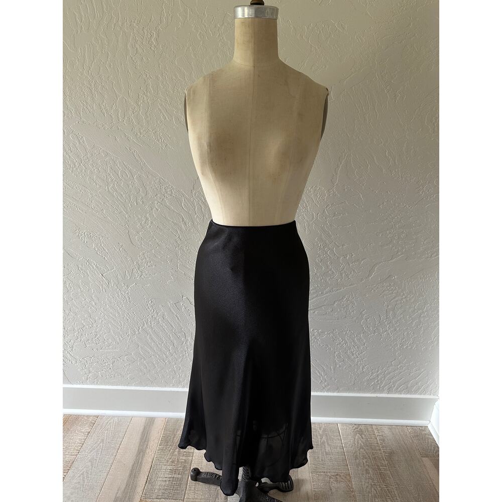 NICOLE MILLER | Womens Black Satin Lettuce Hem Midi Skirt NEW Size XL Boho Luxe